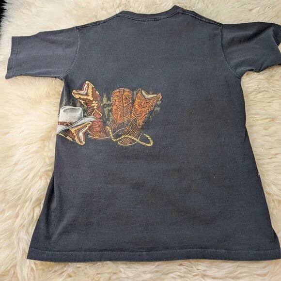 Vtg Western Cowboy Boots And Hat Wrap Around Print T Single Stitch T Shirt Sz - Picture 9 of 9